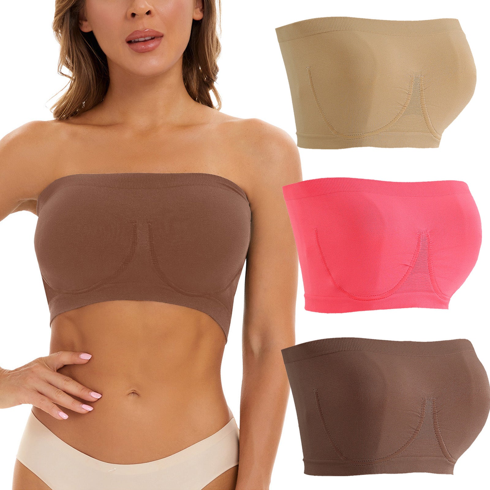 Woman wearing a brown strapless bra with additional bra and panties shown in different colors.