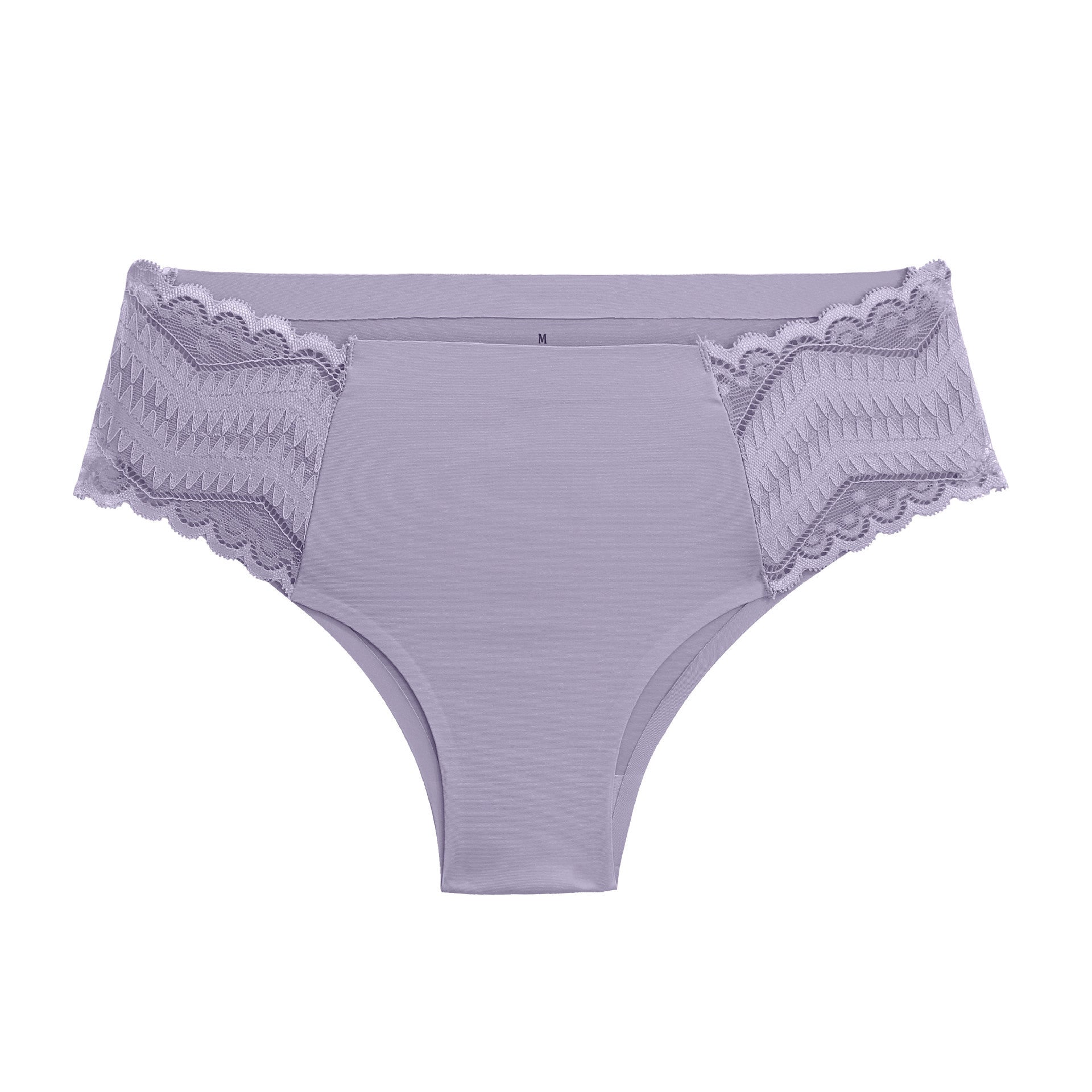 Purple underwear with lace trim on a white background