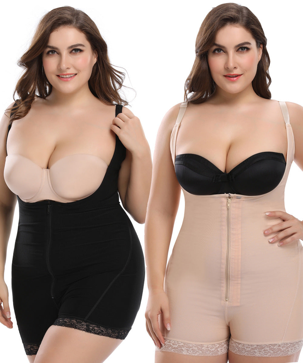 Two women modeling black and beige shapewear on a white background