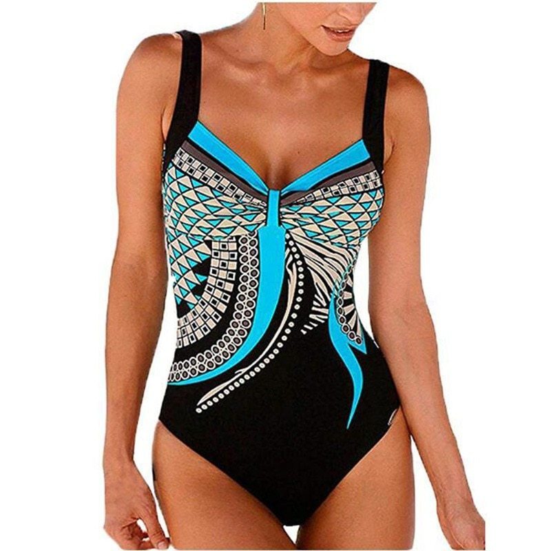 Black one-piece swimsuit with blue and white pattern on a white background