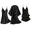 Black satin robe and two black satin nightgowns with star patterns on a white background