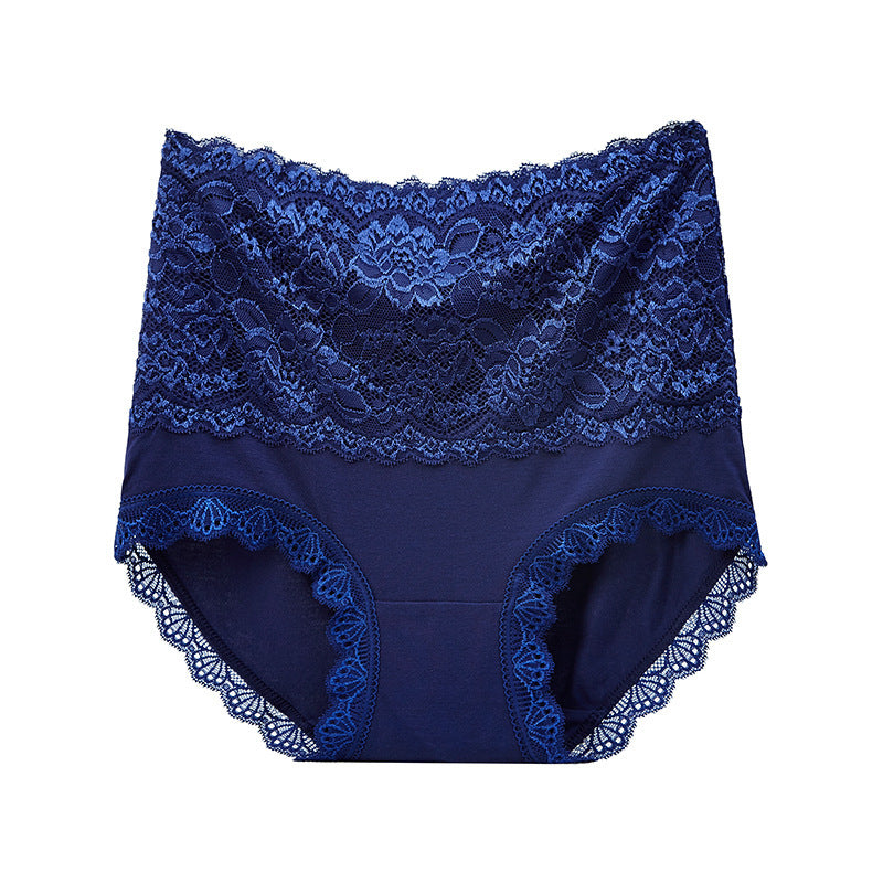 Blue lace-trimmed underwear on a white background