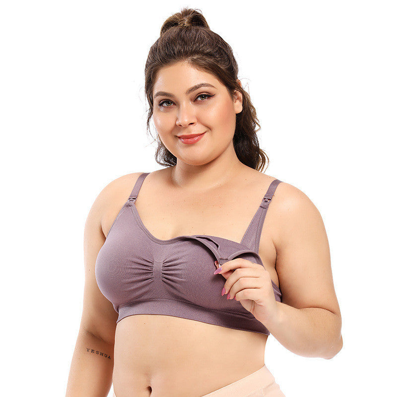 Woman wearing a purple bra on a white background