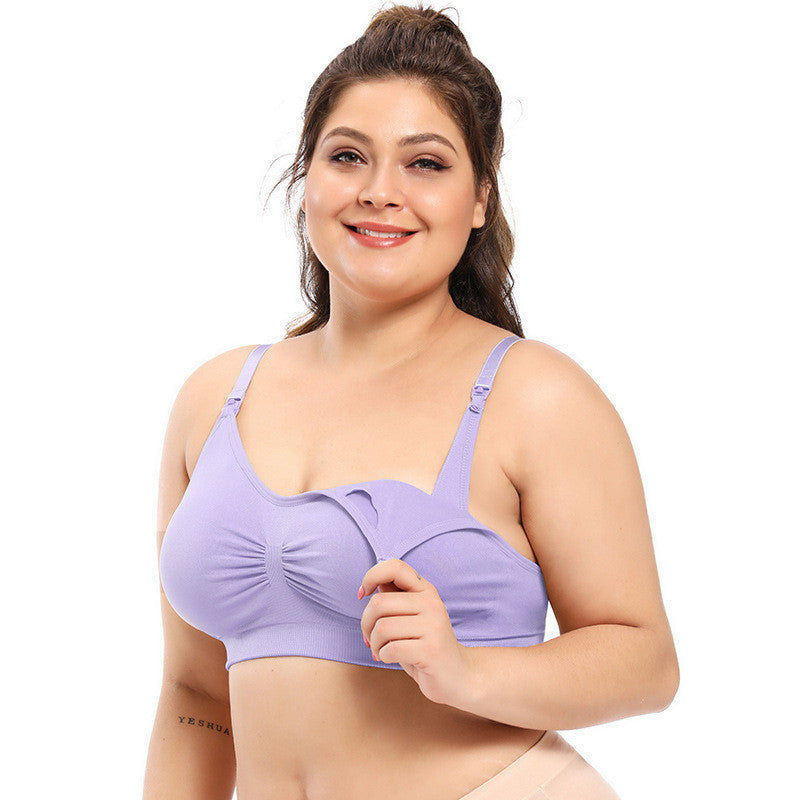 Woman wearing a purple bra on a white background