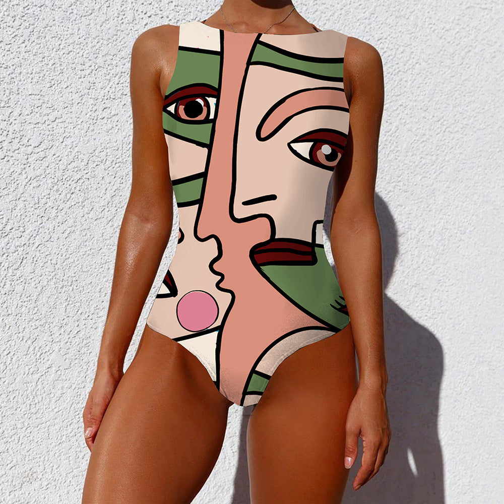 Person wearing a swimsuit with abstract face design against a white background