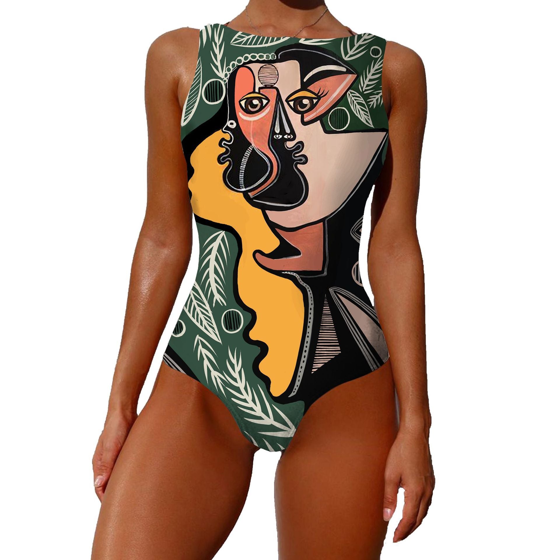 One-piece swimsuit with artistic face design on a white background