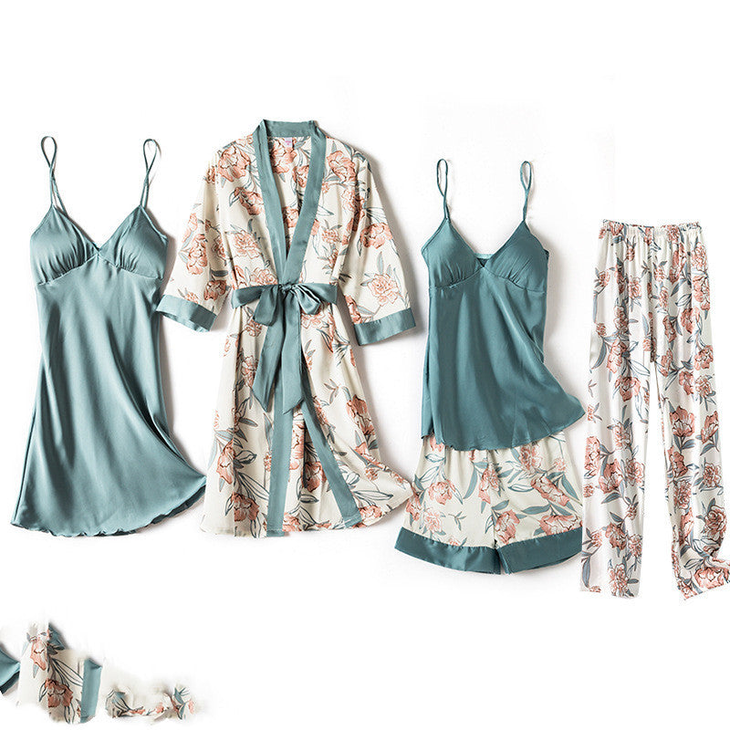 Floral pajama set with matching robe on a white background