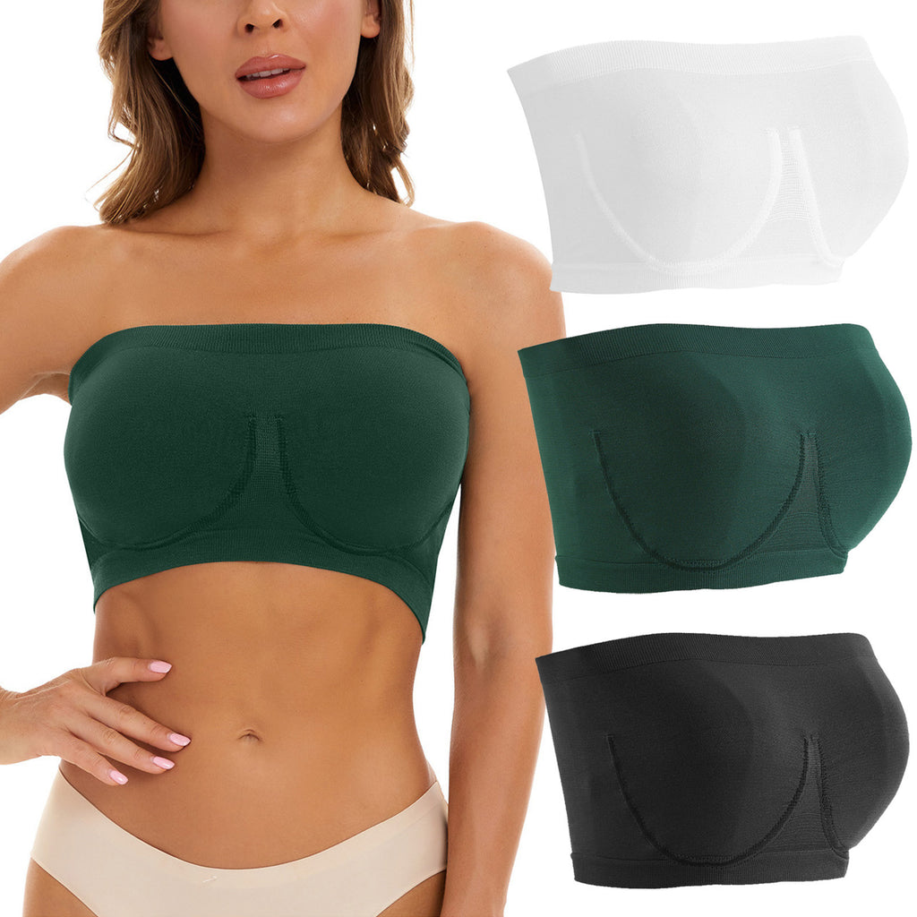Woman wearing a green strapless bra with inset images of the bra's design.