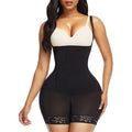 Black shapewear bodysuit worn by a model on a white background