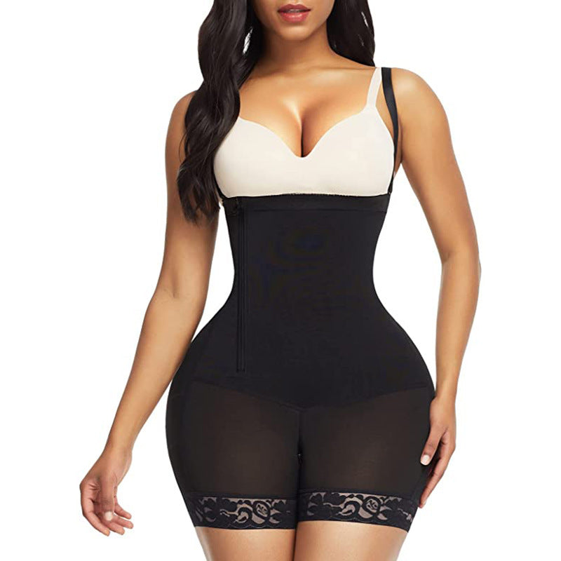 Black shapewear bodysuit worn by a model on a white background