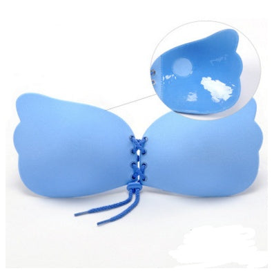 Blue bra with a clear plastic cover on a white background