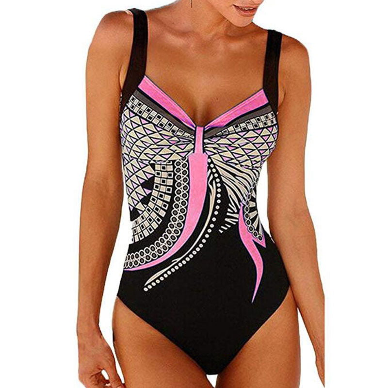 Black swimsuit with pink and white patterns on a white background