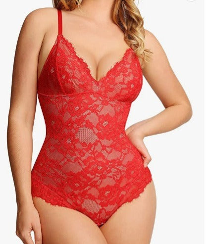 Red lace lingerie set on a white background