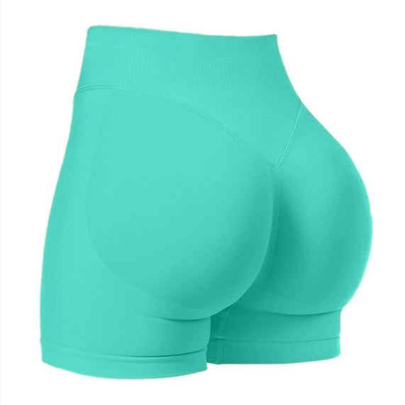 Turquoise high-waisted shorts on a white background