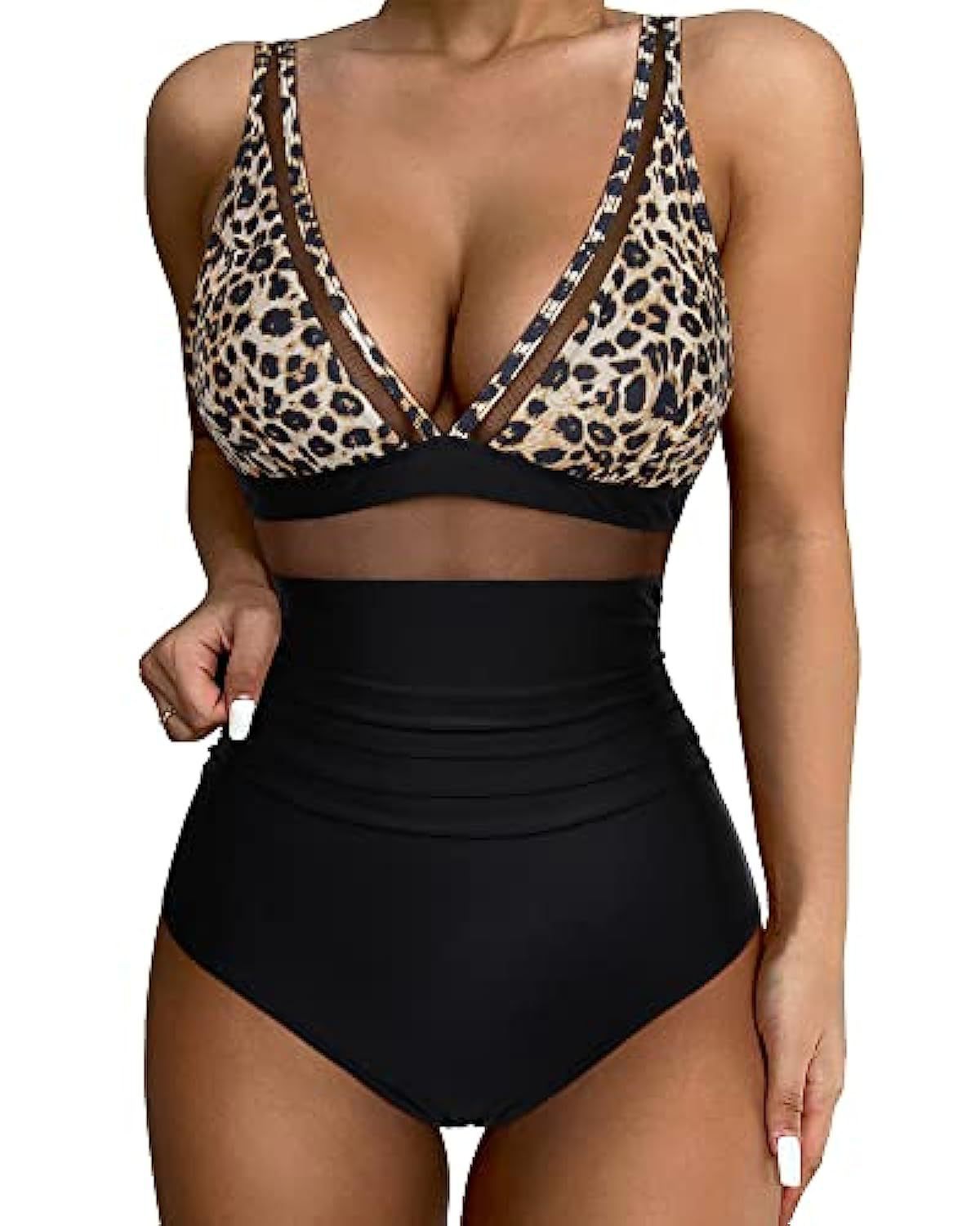 Leopard print bikini top and black high-waisted bottoms on a white background
