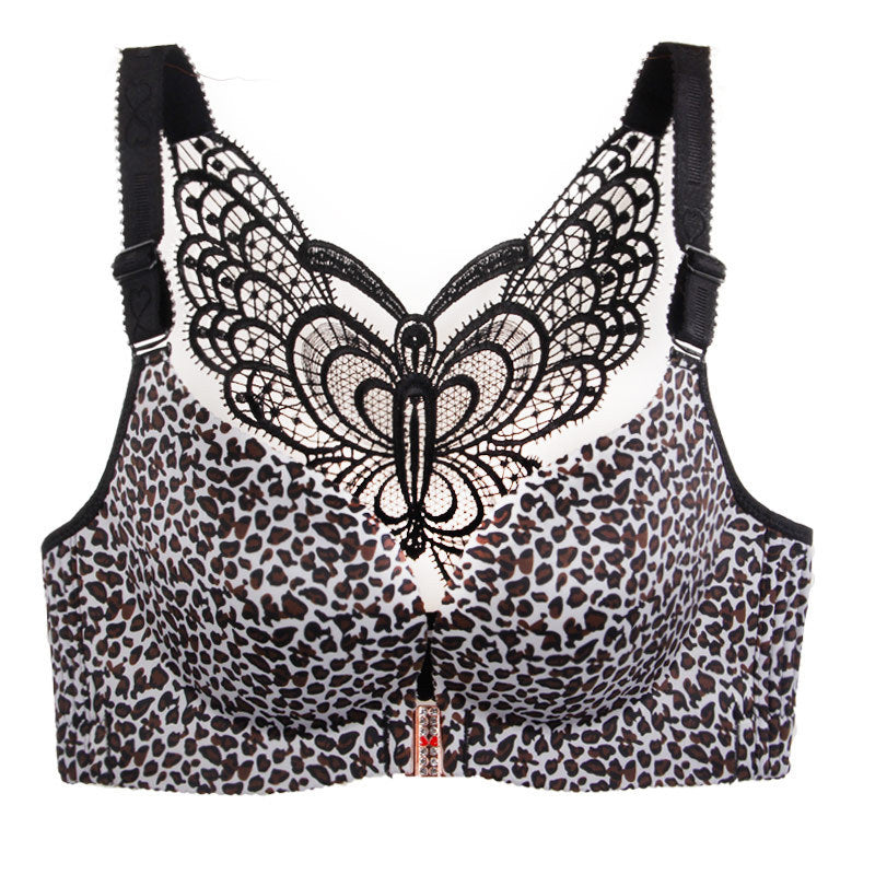 Leopard print bra with butterfly lace design on a white background