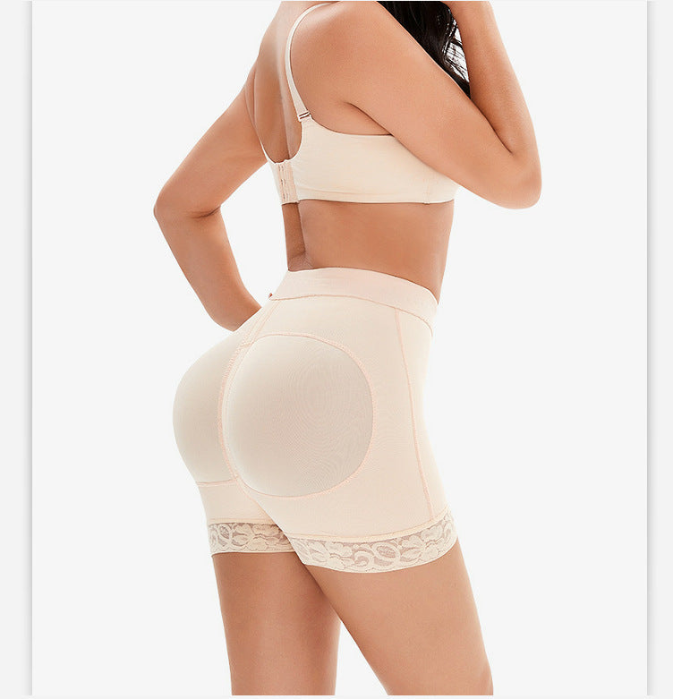 Woman wearing a beige shapewear garment on a white background