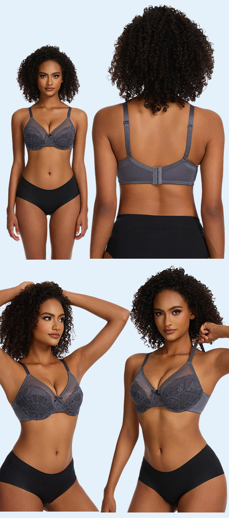 Woman modeling a gray bra and black underwear set from multiple angles on a light blue background.