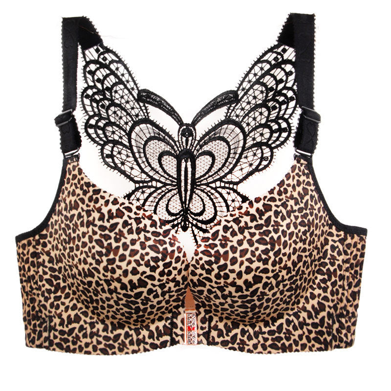 Leopard print bra with black lace butterfly design on a white background