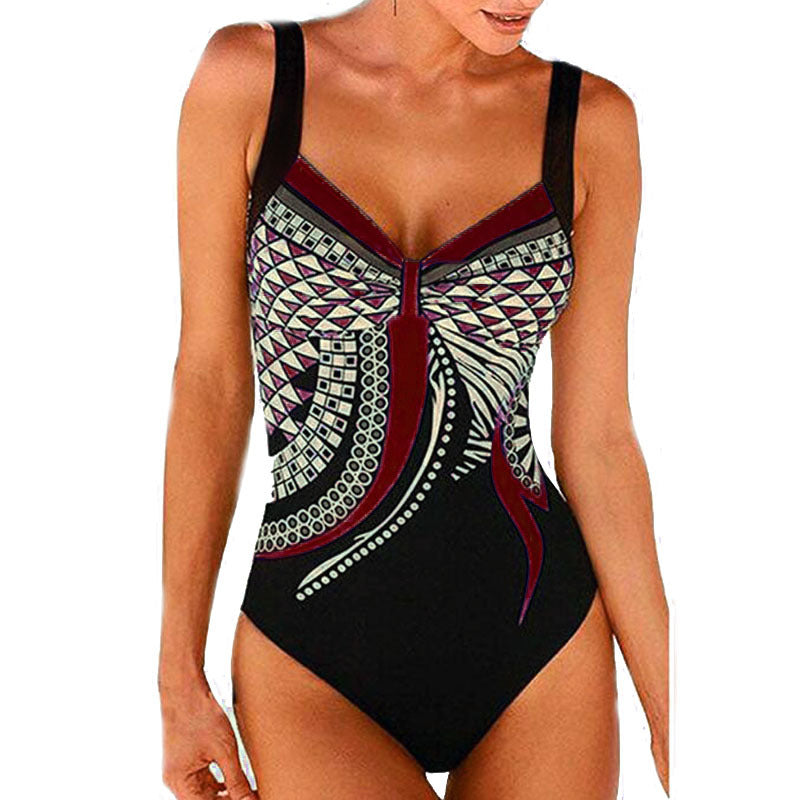 One-piece swimsuit with a geometric pattern on a white background