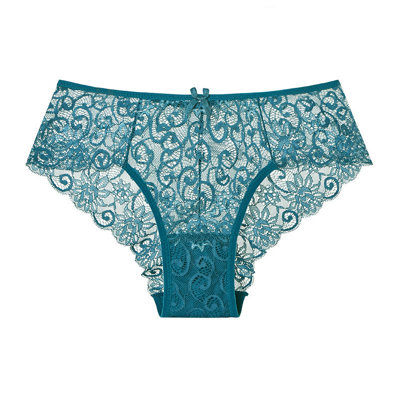 Teal lace underwear on a white background