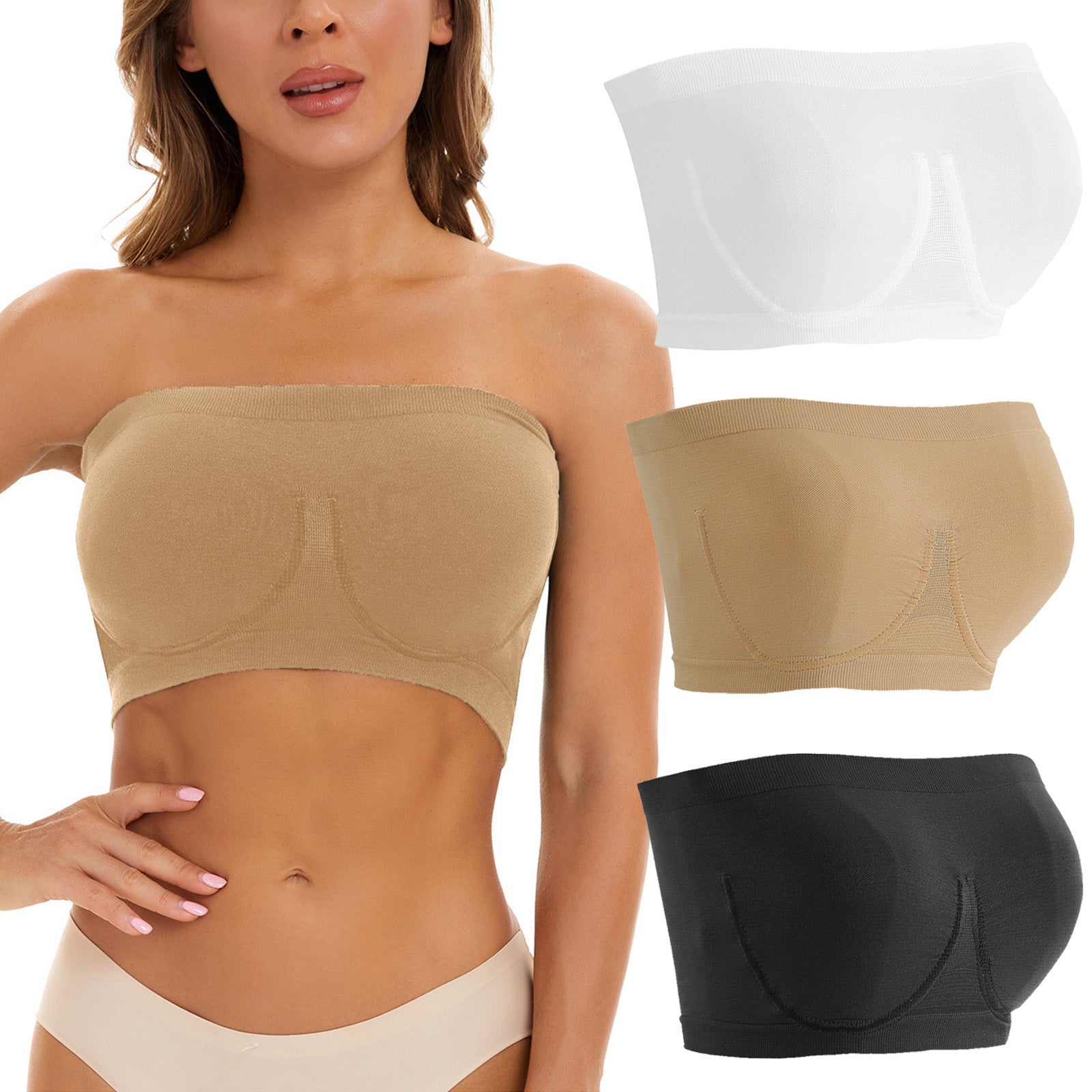Woman wearing a beige strapless bra with inset images of the bra in different views.