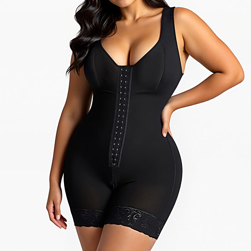 Black shapewear bodysuit worn by a model on a white background