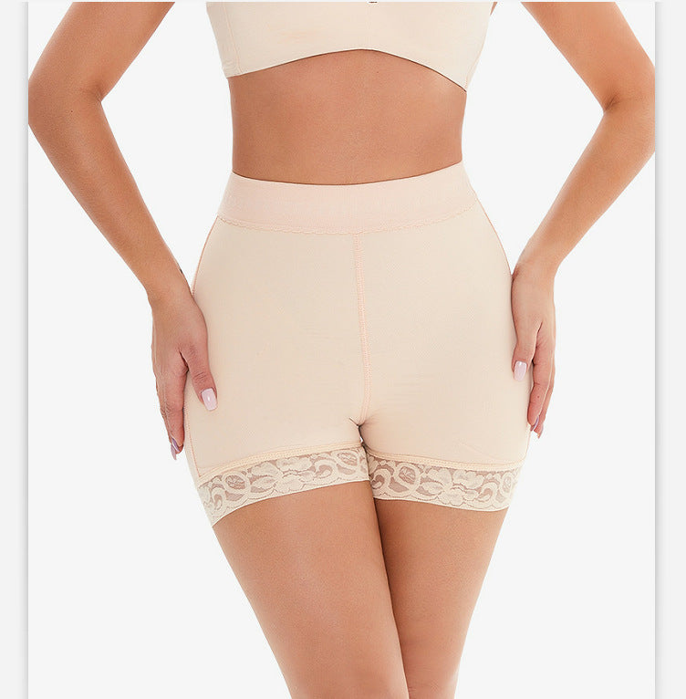 Beige shapewear with lace waistband on a white background