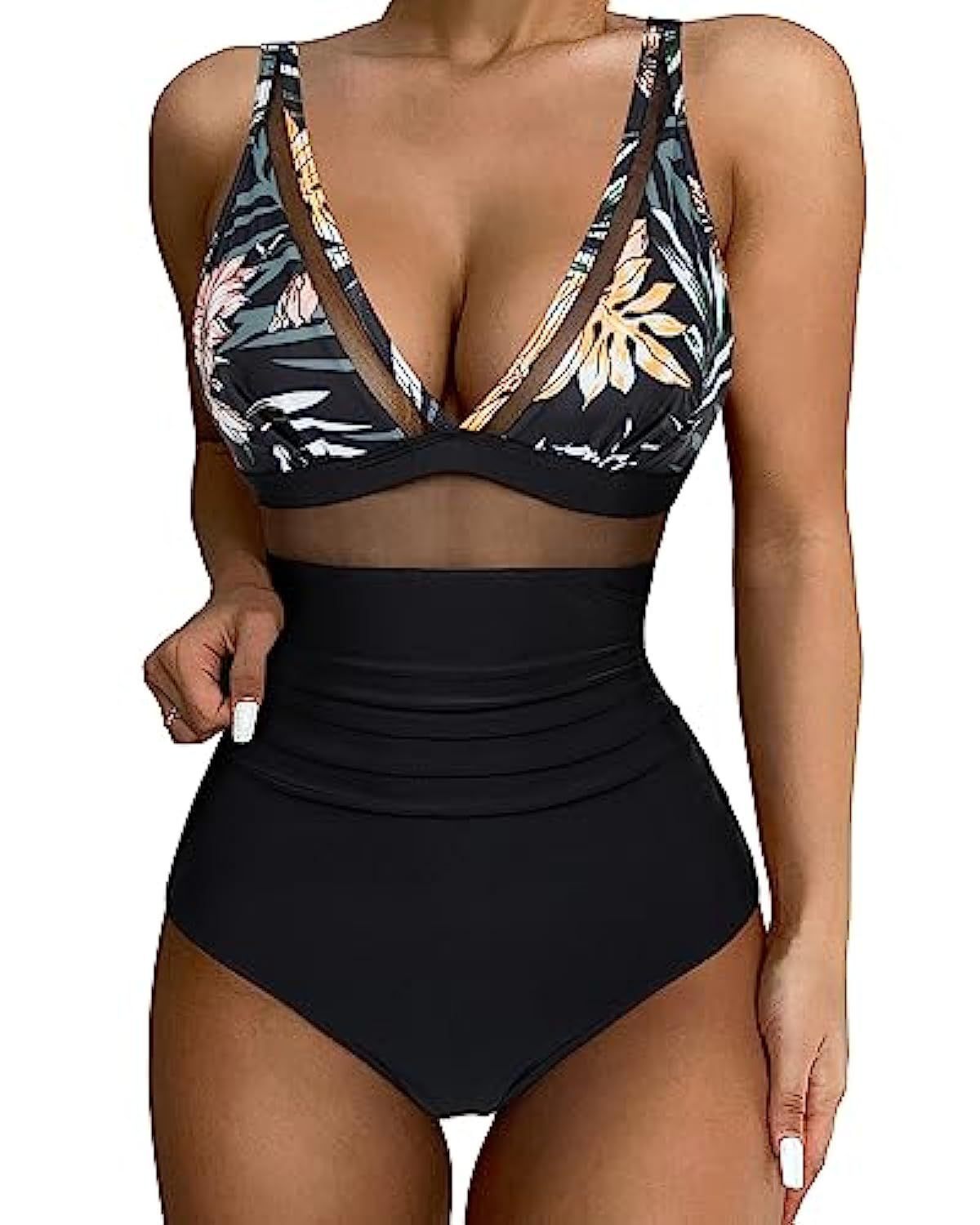Black high-waisted swimsuit with floral top on a white background