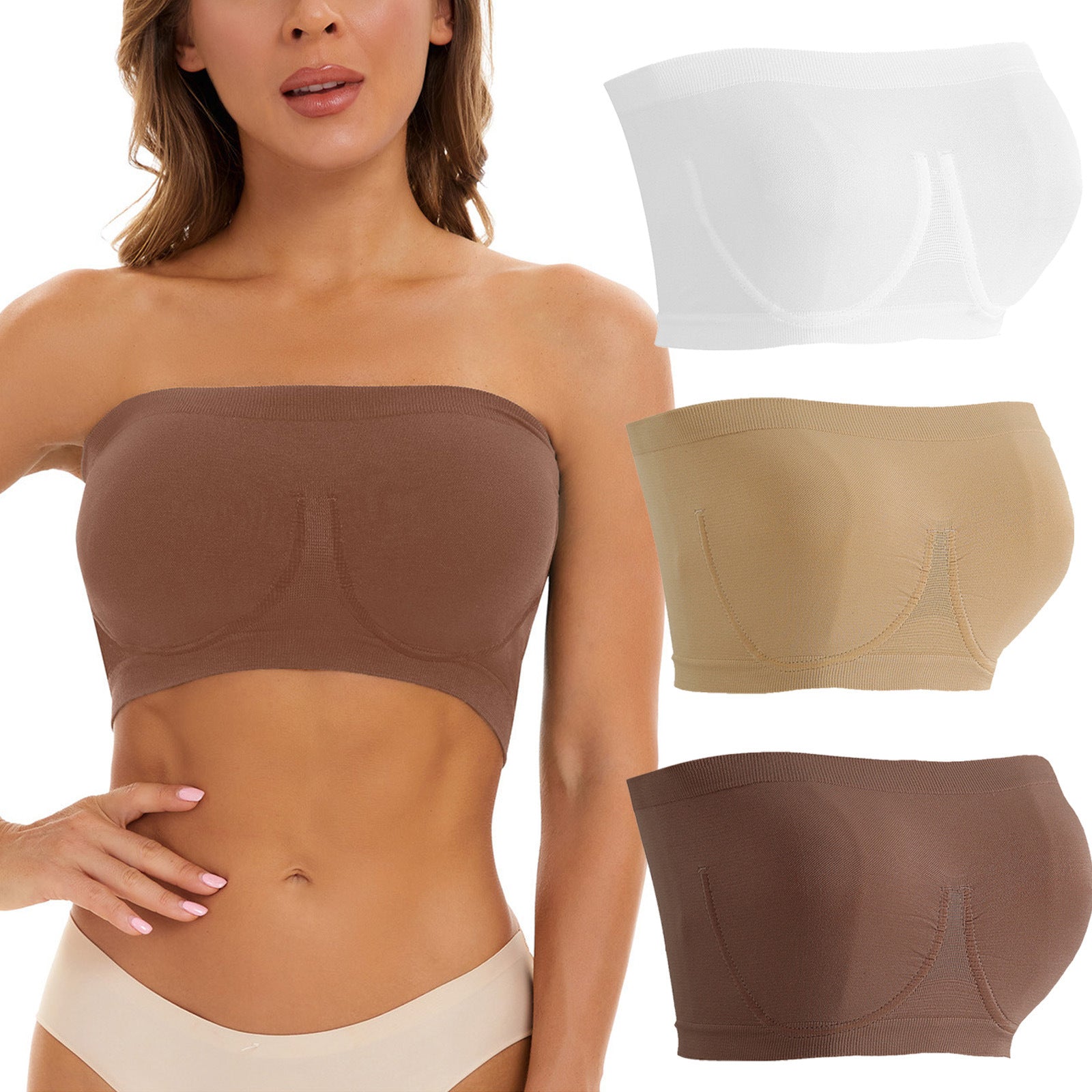 Woman wearing a brown strapless bra with inset images of beige and brown underwear.