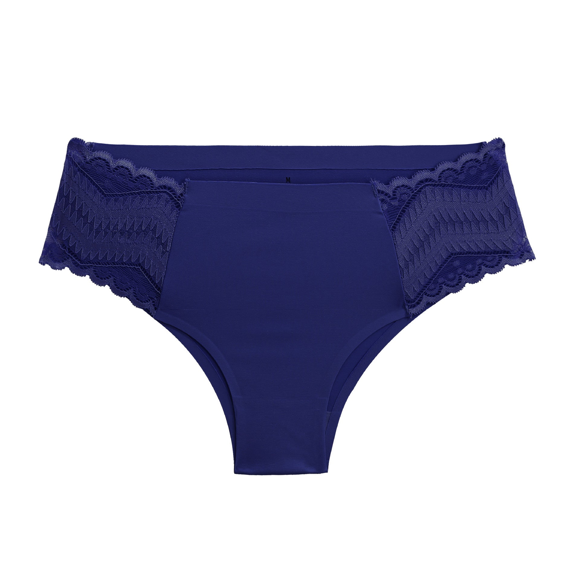 Navy blue women's underwear with lace trim on a white background