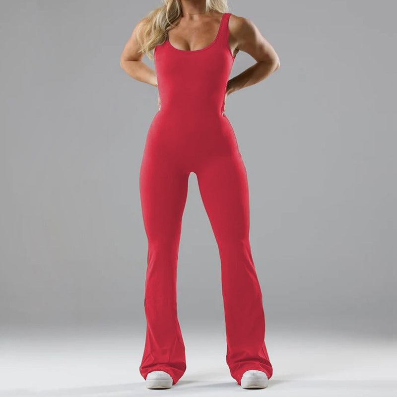 Person wearing a red jumpsuit on a gray background