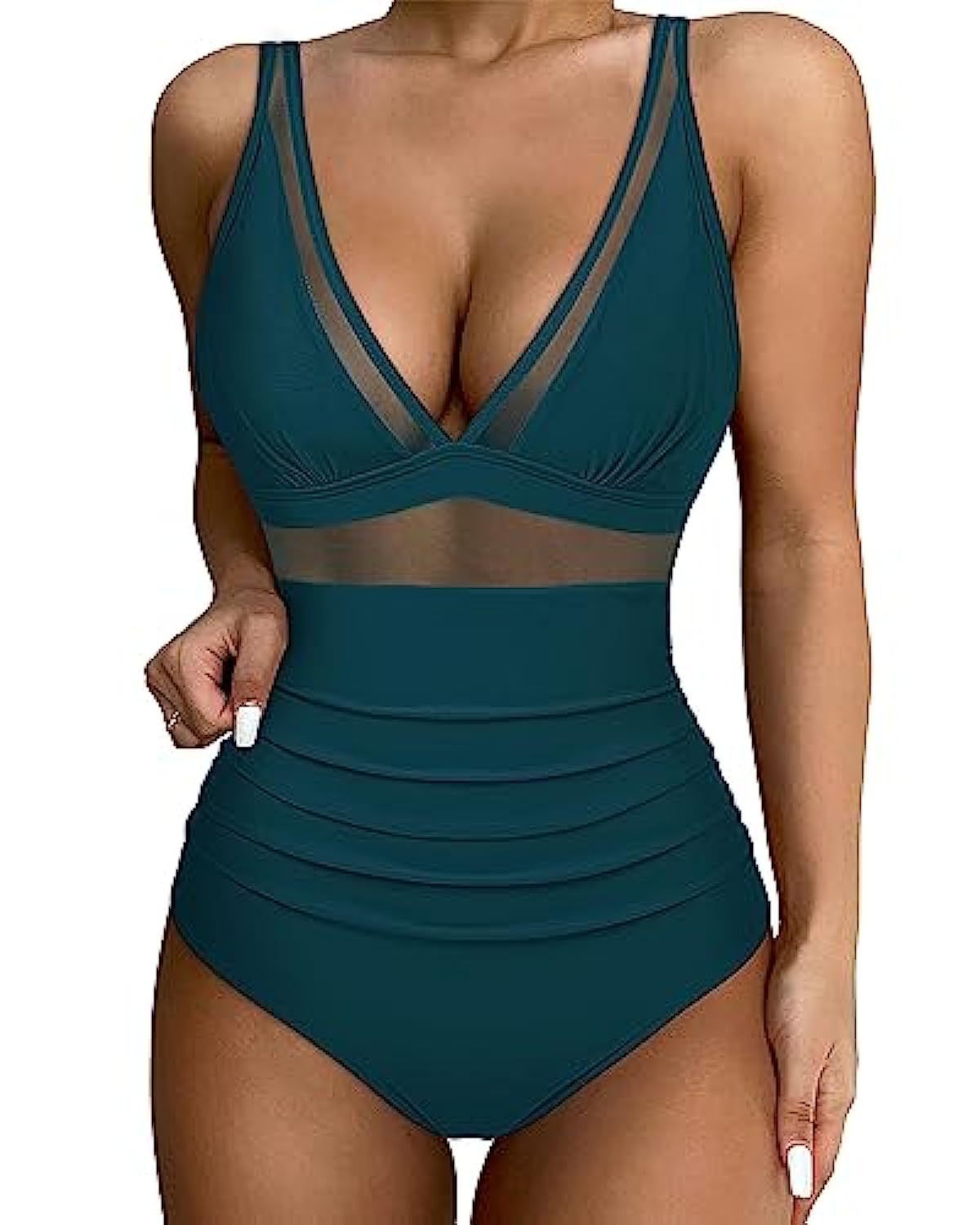 Teal swimsuit with mesh panels on a white background