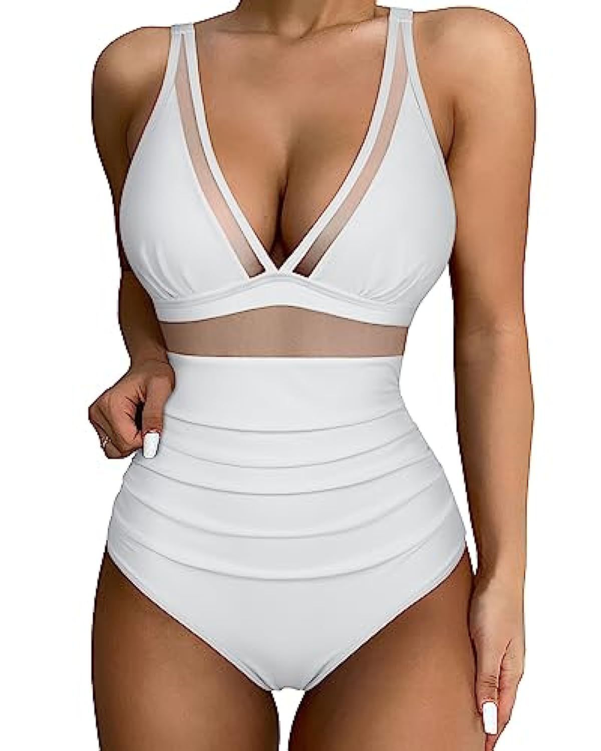 White swimsuit with mesh panels on a white background