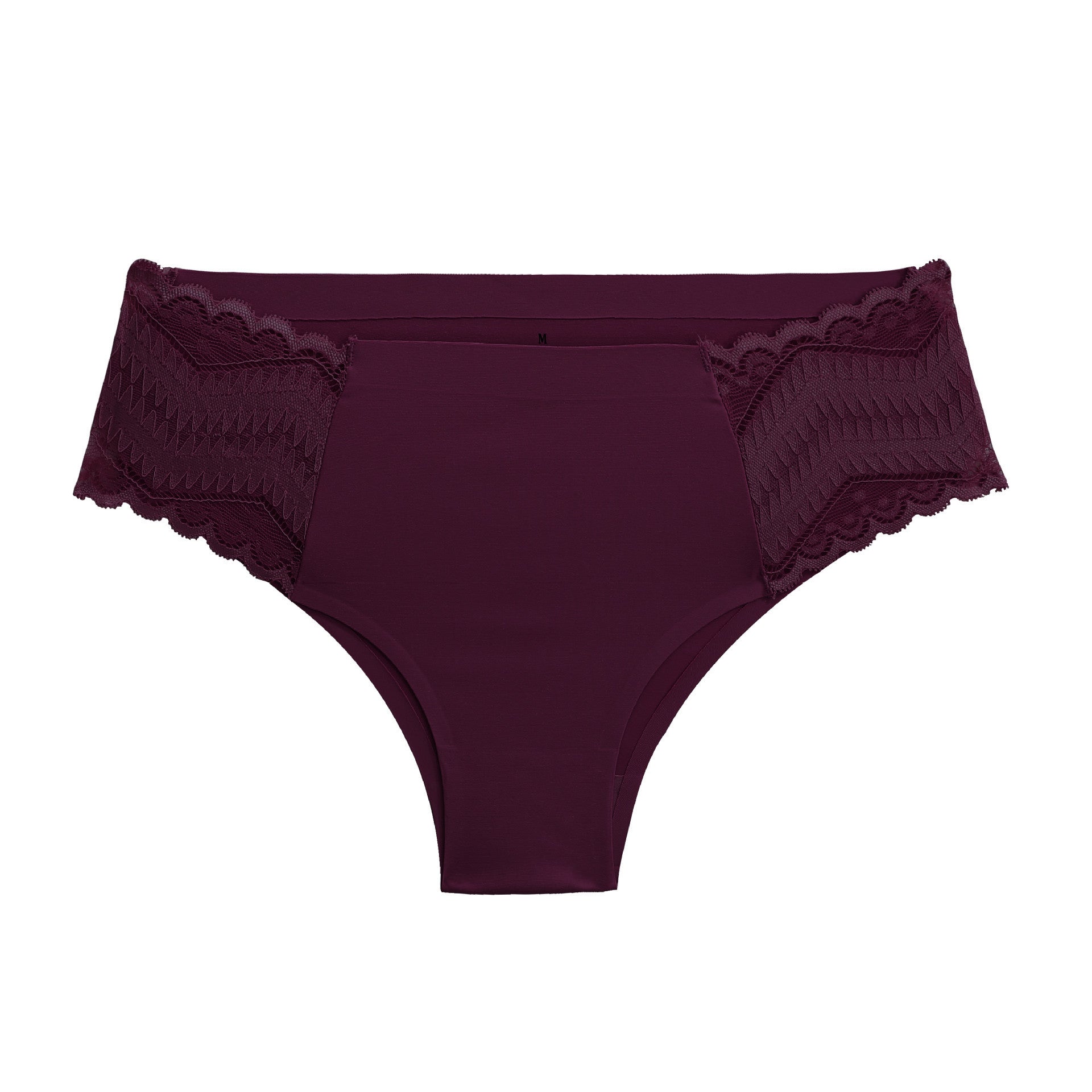 Maroon women's underwear with lace trim on a white background