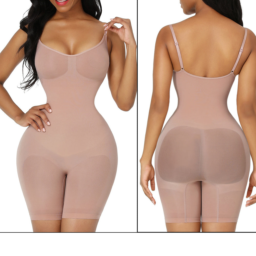 Beige shapewear bodysuit shown from front and back on a white background