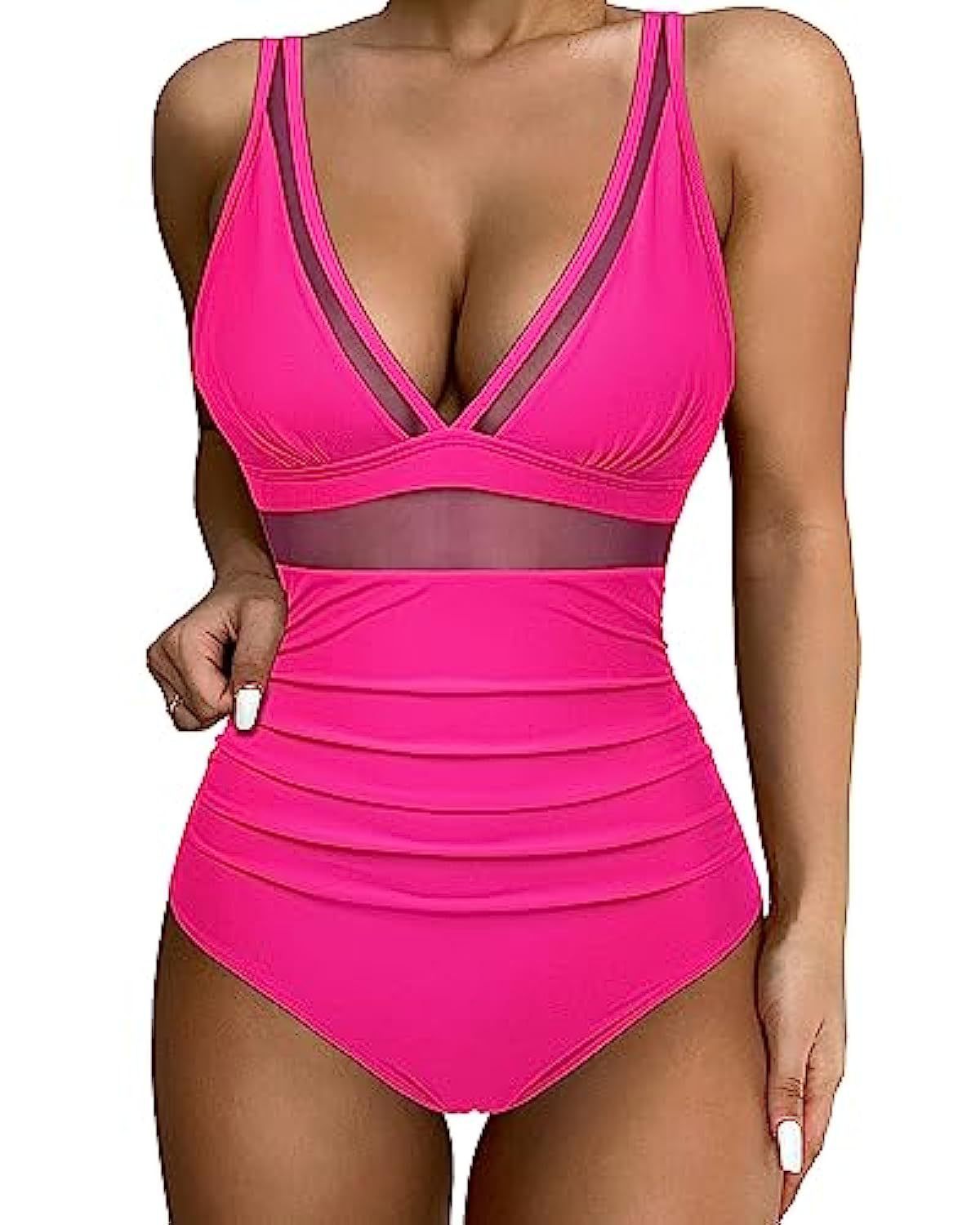 Pink swimsuit with mesh panels on a white background
