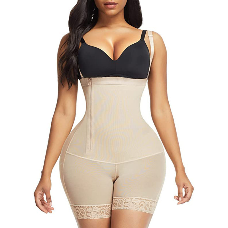 Woman wearing a beige shapewear garment on a white background