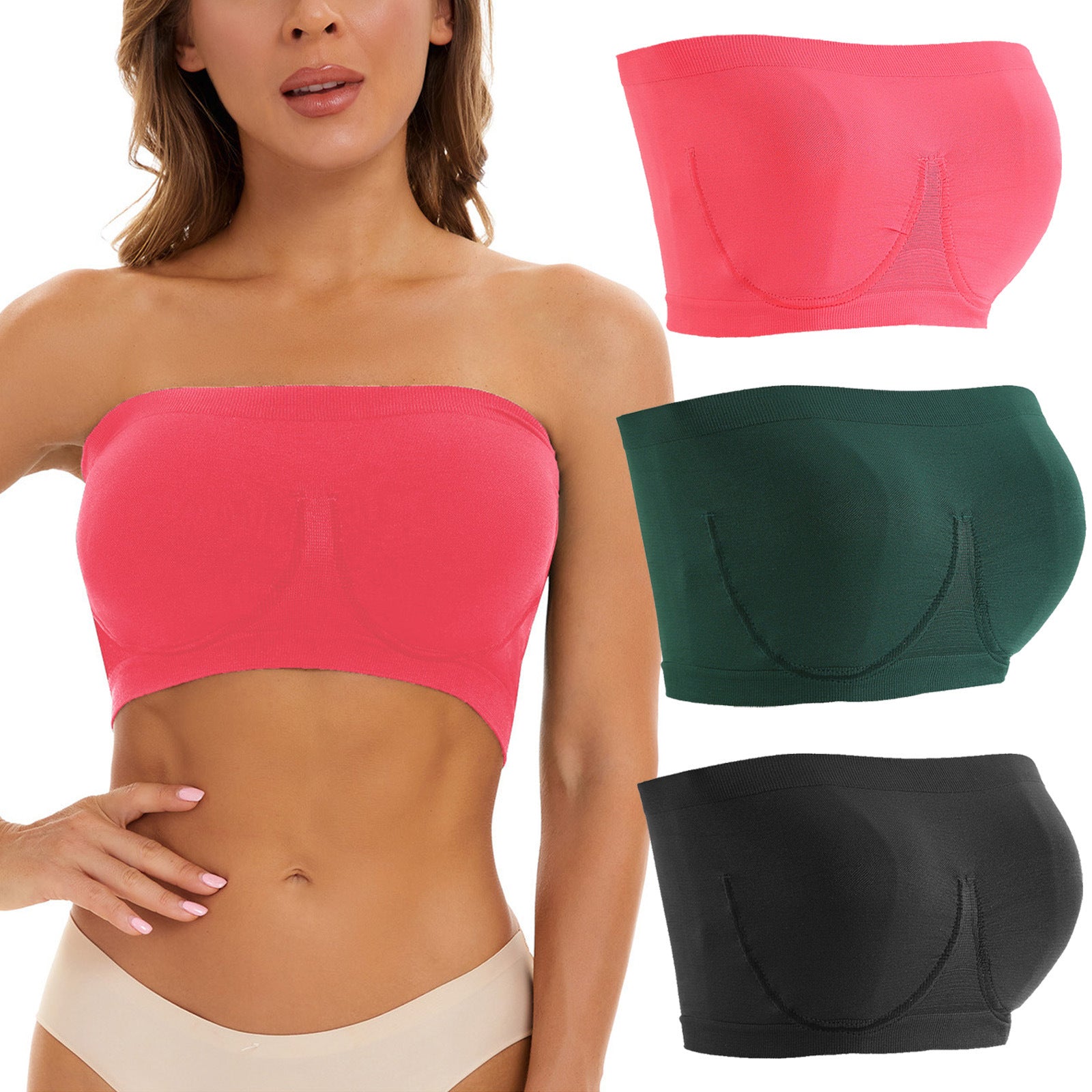Woman wearing a pink bandeau top with additional bandeau tops in green and black displayed above her.