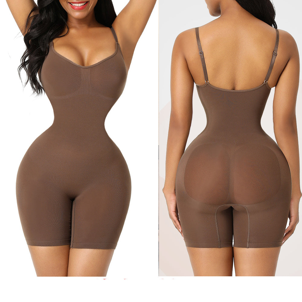 Brown shapewear bodysuit shown from front and back on a white background