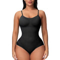 Black bodysuit worn by a model on a white background