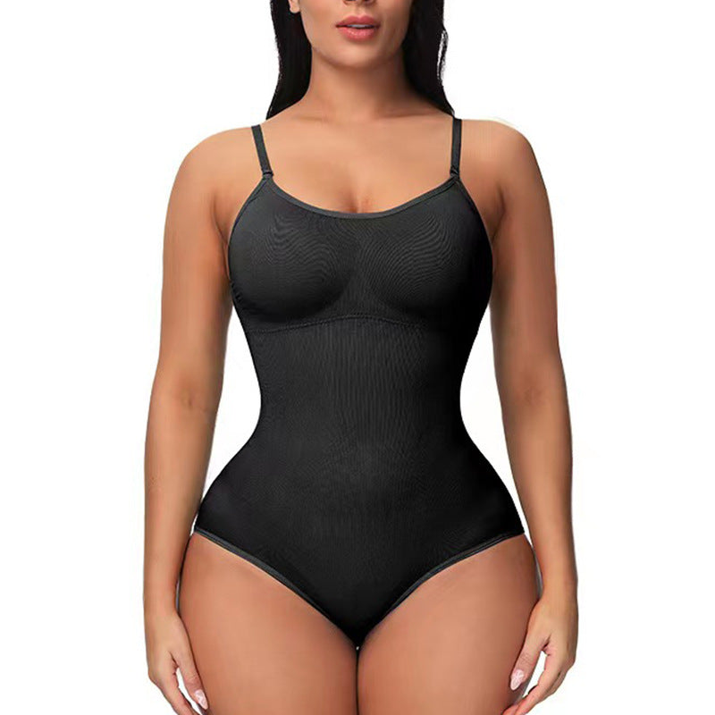 Black bodysuit worn by a model on a white background