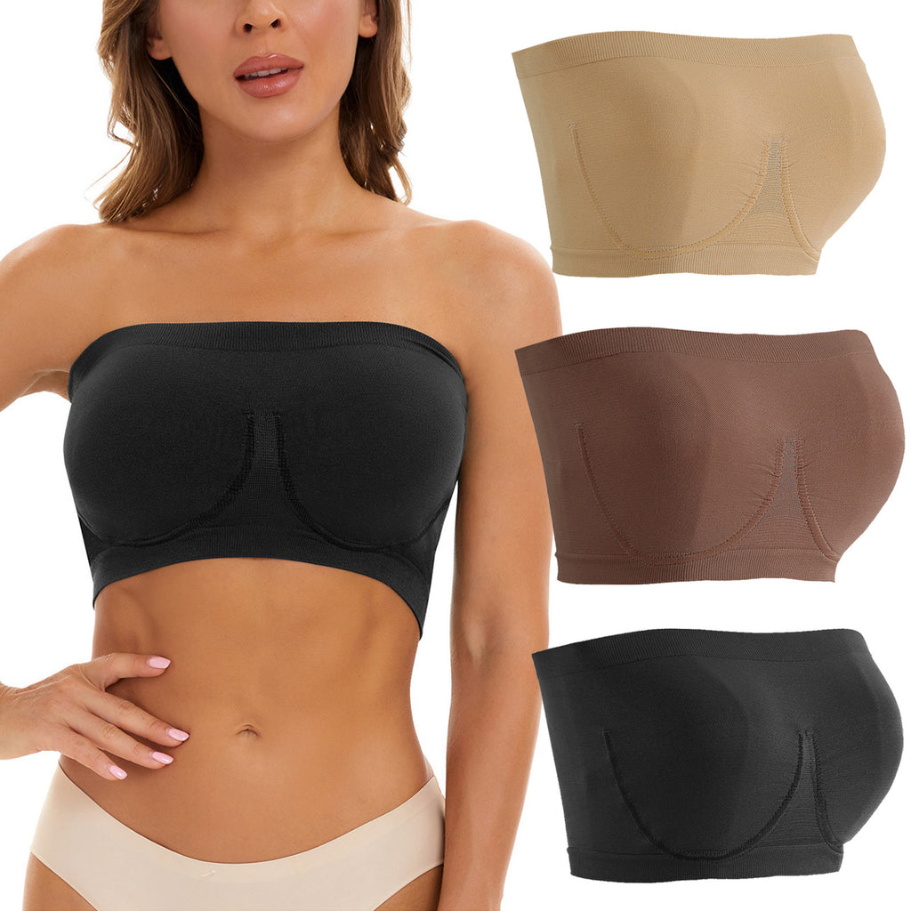 Woman wearing a black strapless bra with inset images of beige, brown, and black bras.