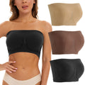 Woman wearing a black strapless bra with inset images of beige, brown, and black bras.