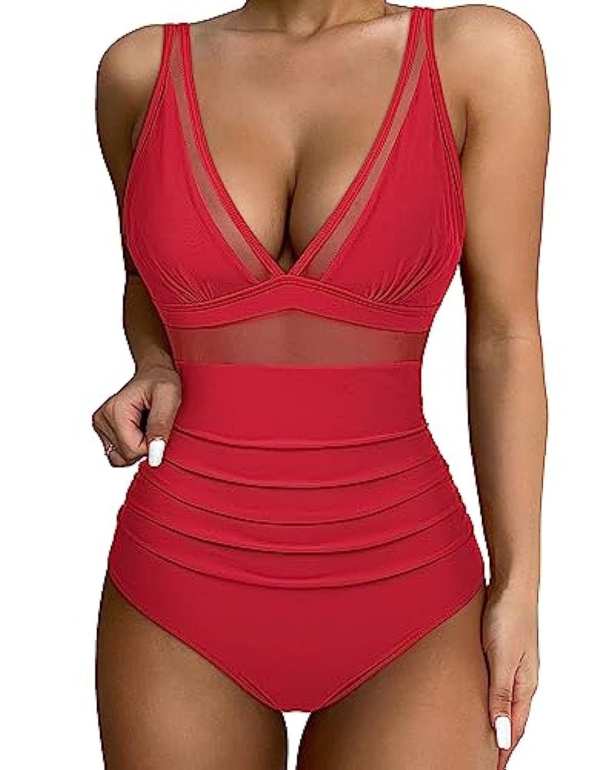 Red swimsuit with mesh panels on a white background