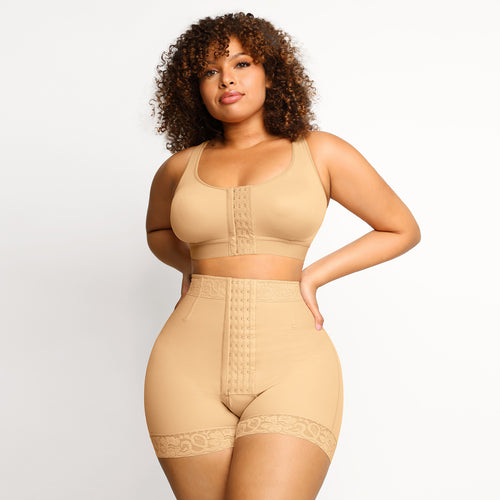 Woman wearing a beige shapewear outfit on a white background