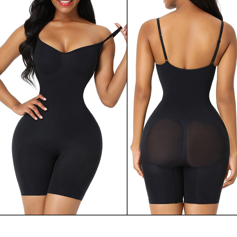 Black shapewear bodysuit shown from front and back on a white background