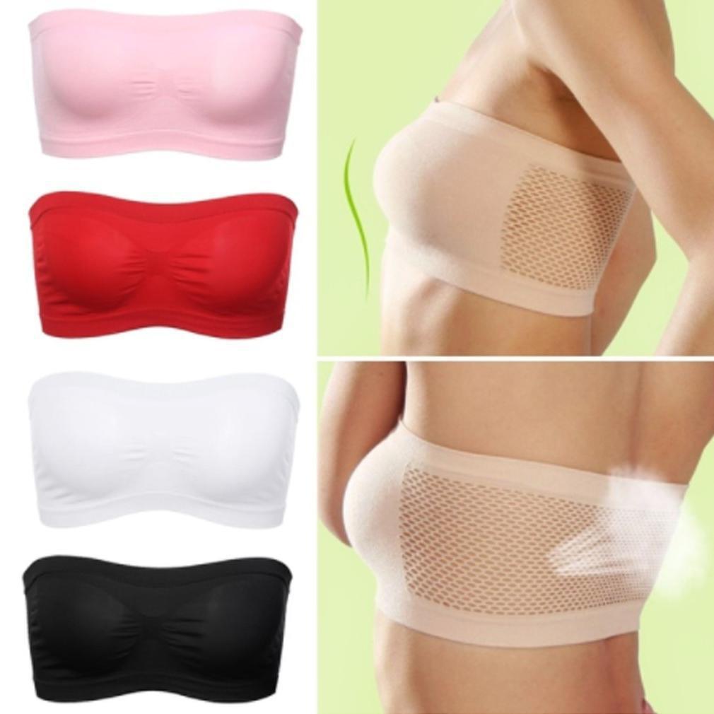Collage of strapless bras in pink, red, white, and black with close-up images on a green background.