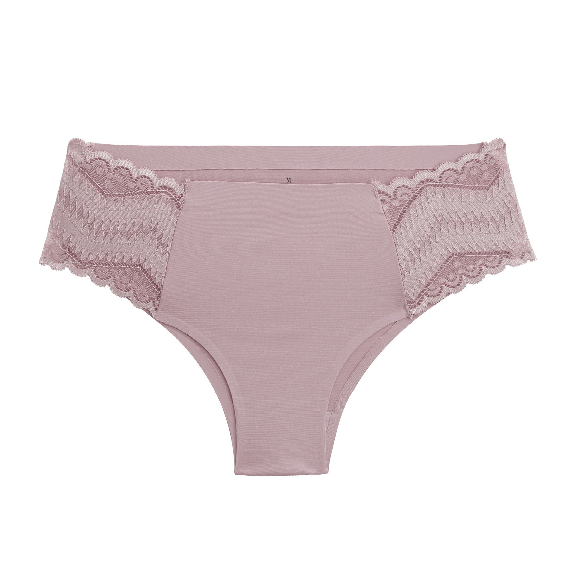 Pink lace-trimmed underwear on a white background