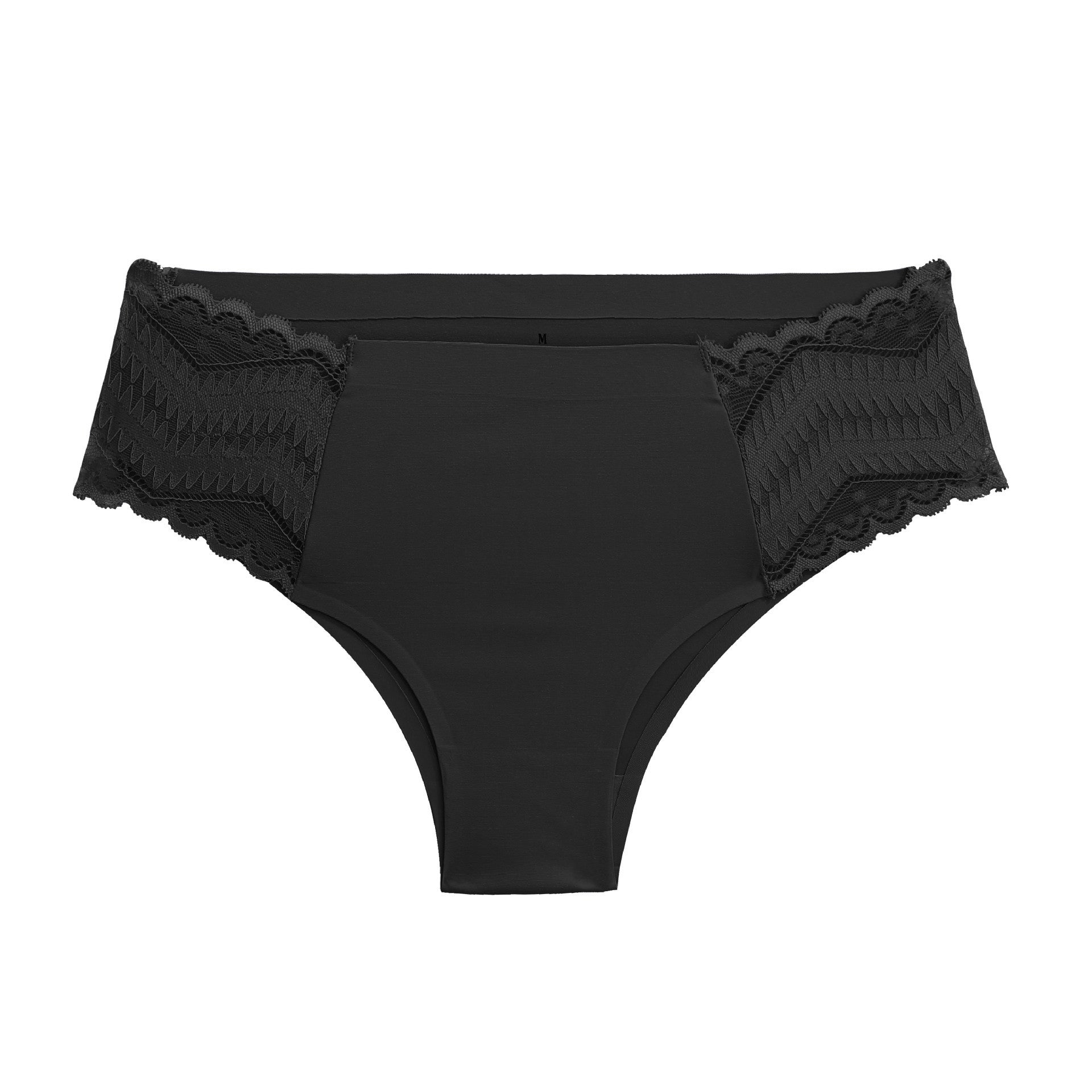 Black women's underwear with lace trim on a white background